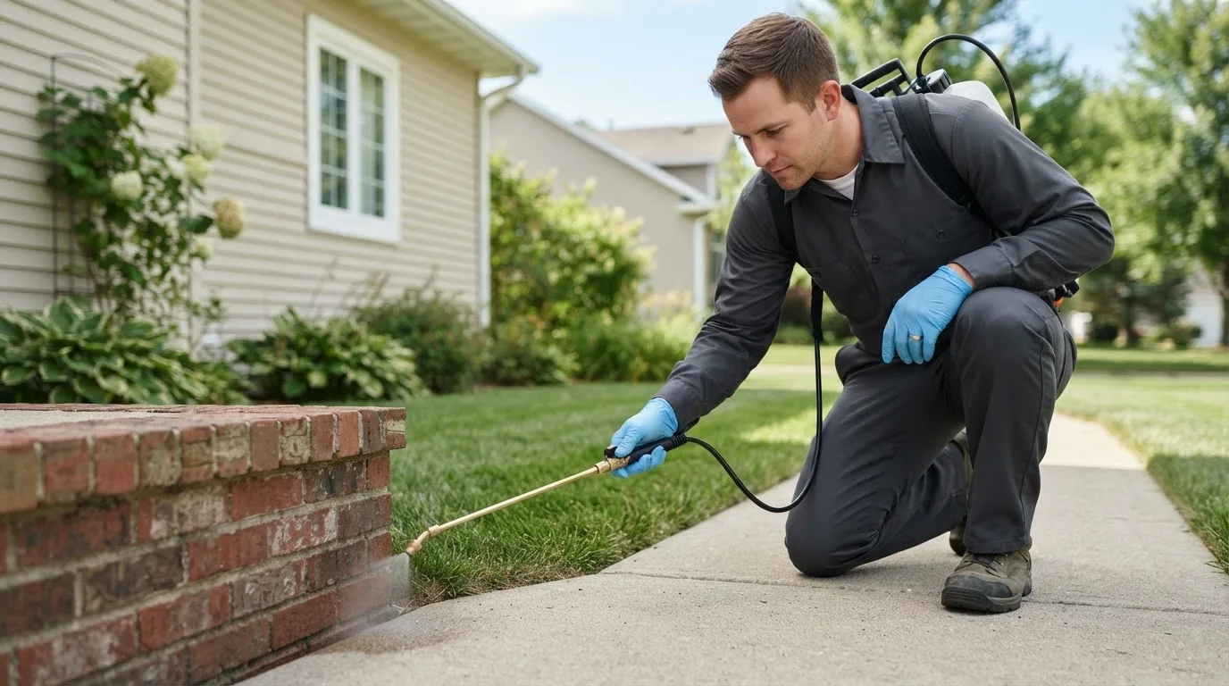 Pest control technician treating a home near Groves, TX