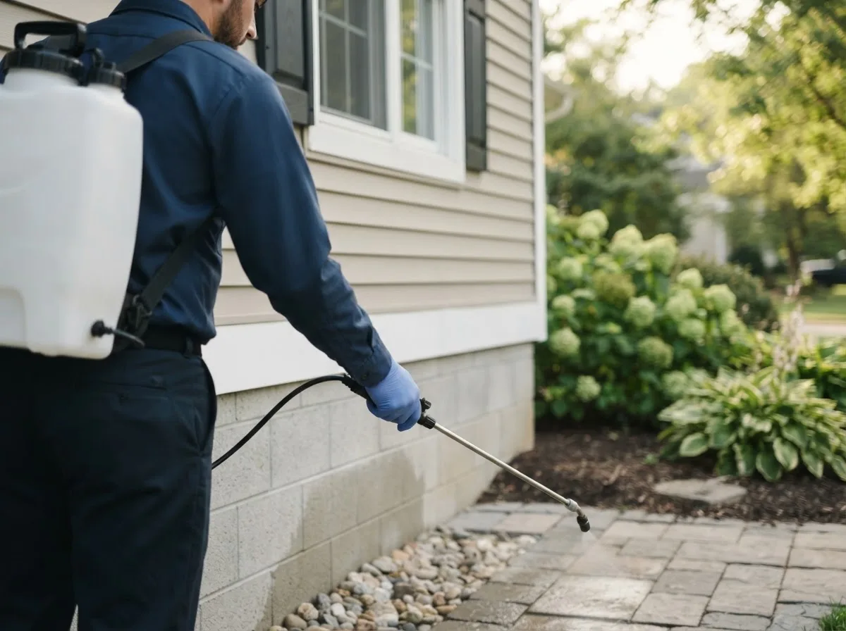 Pest control technician inspecting a home in Groves, TX